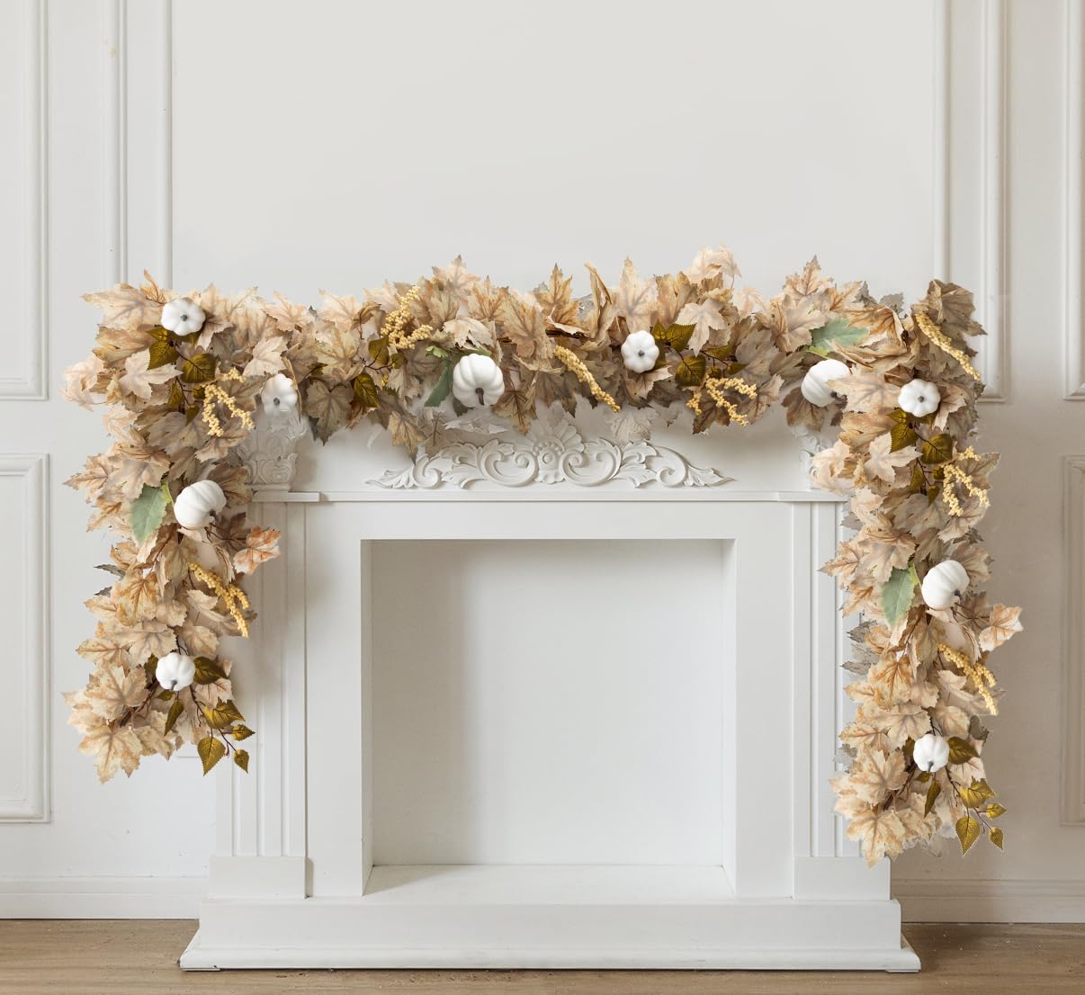 6.8ft Fall Garland Maple Leaf Autumn Thanksgiving Pumpkin Berry Garland, Christmas Halloween Mantle Fireplace Farmhouse Harvest Decorations for Home Outdoor Indoor(White)