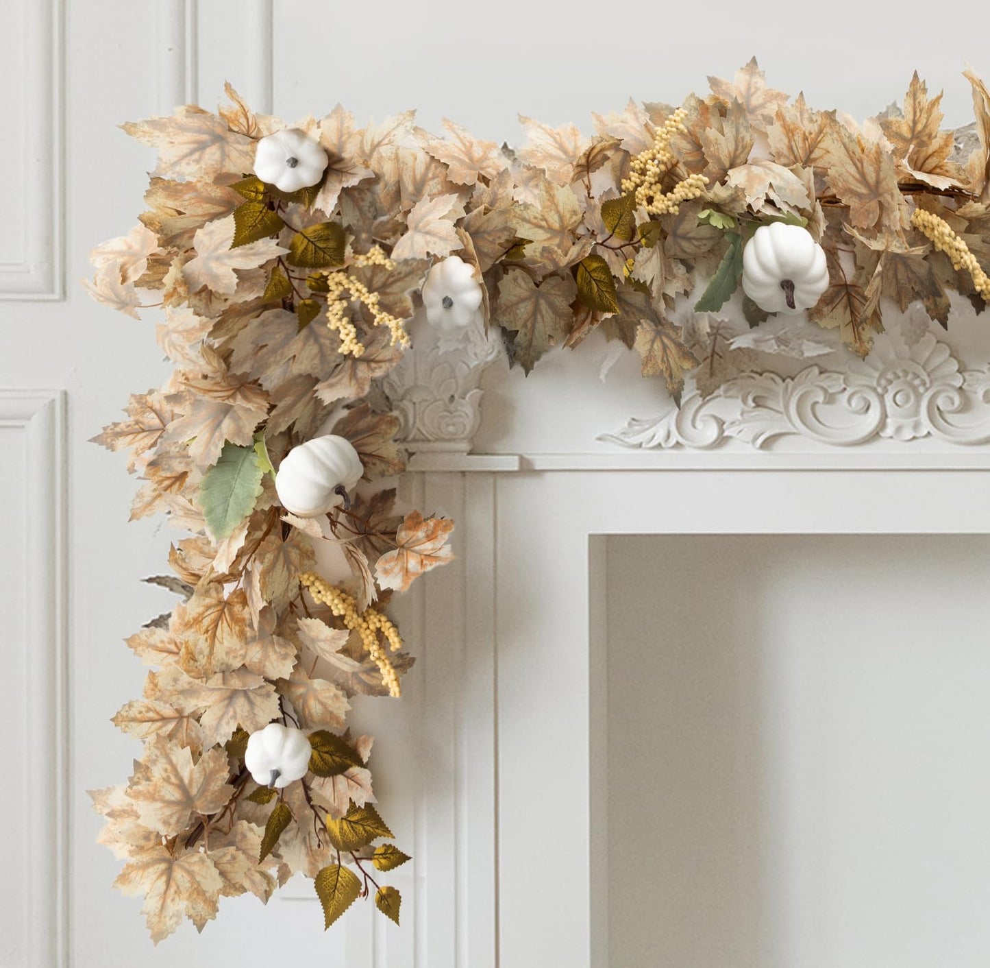 6.8ft Fall Garland Maple Leaf Autumn Thanksgiving Pumpkin Berry Garland, Christmas Halloween Mantle Fireplace Farmhouse Harvest Decorations for Home Outdoor Indoor(White)