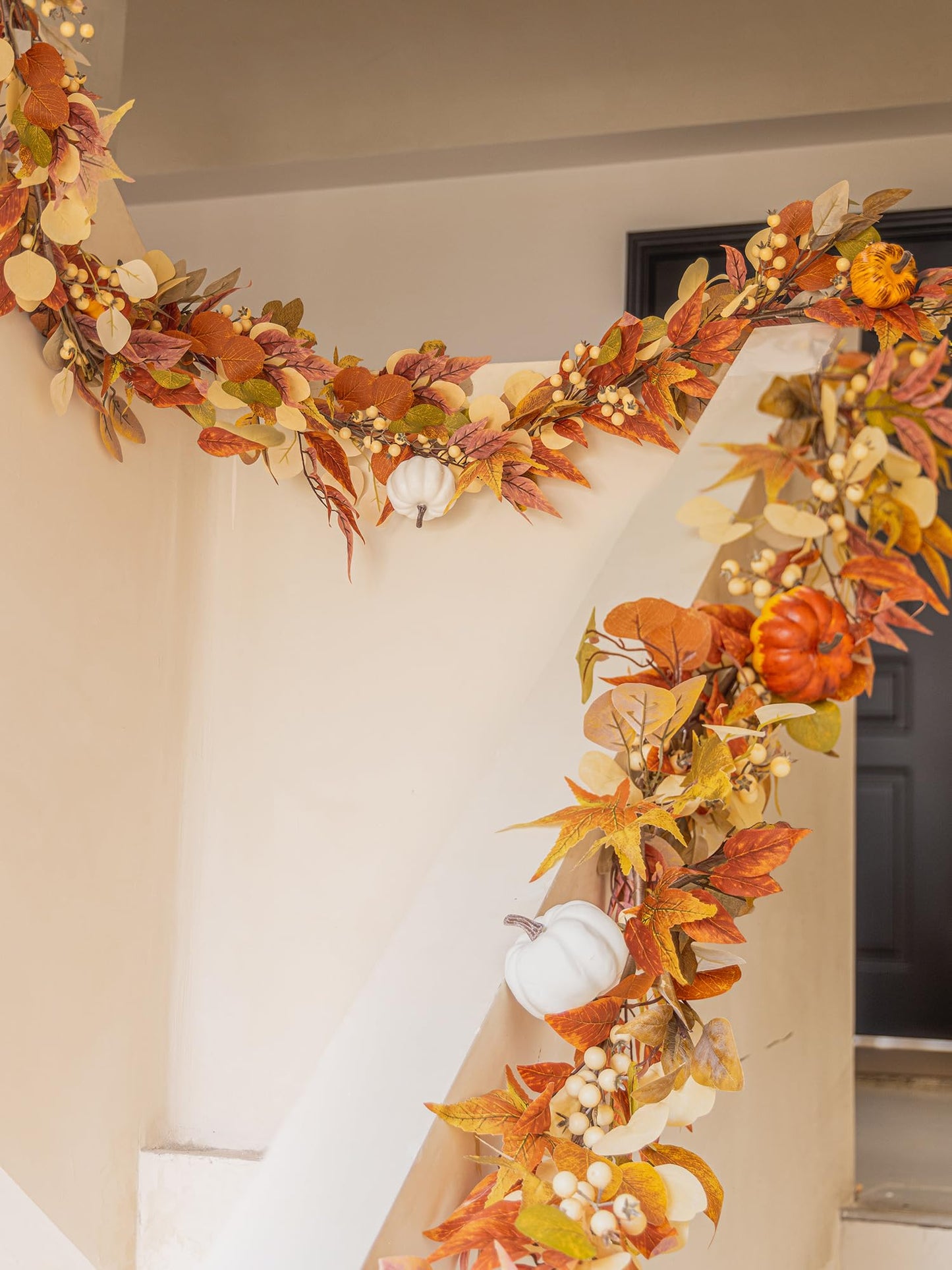 6.8ft Fall Garland Maple Leaf Autumn Thanksgiving Pumpkin Berry Garland, Christmas Halloween Mantle Fireplace Farmhouse Harvest Decorations for Home Outdoor Indoor(White)