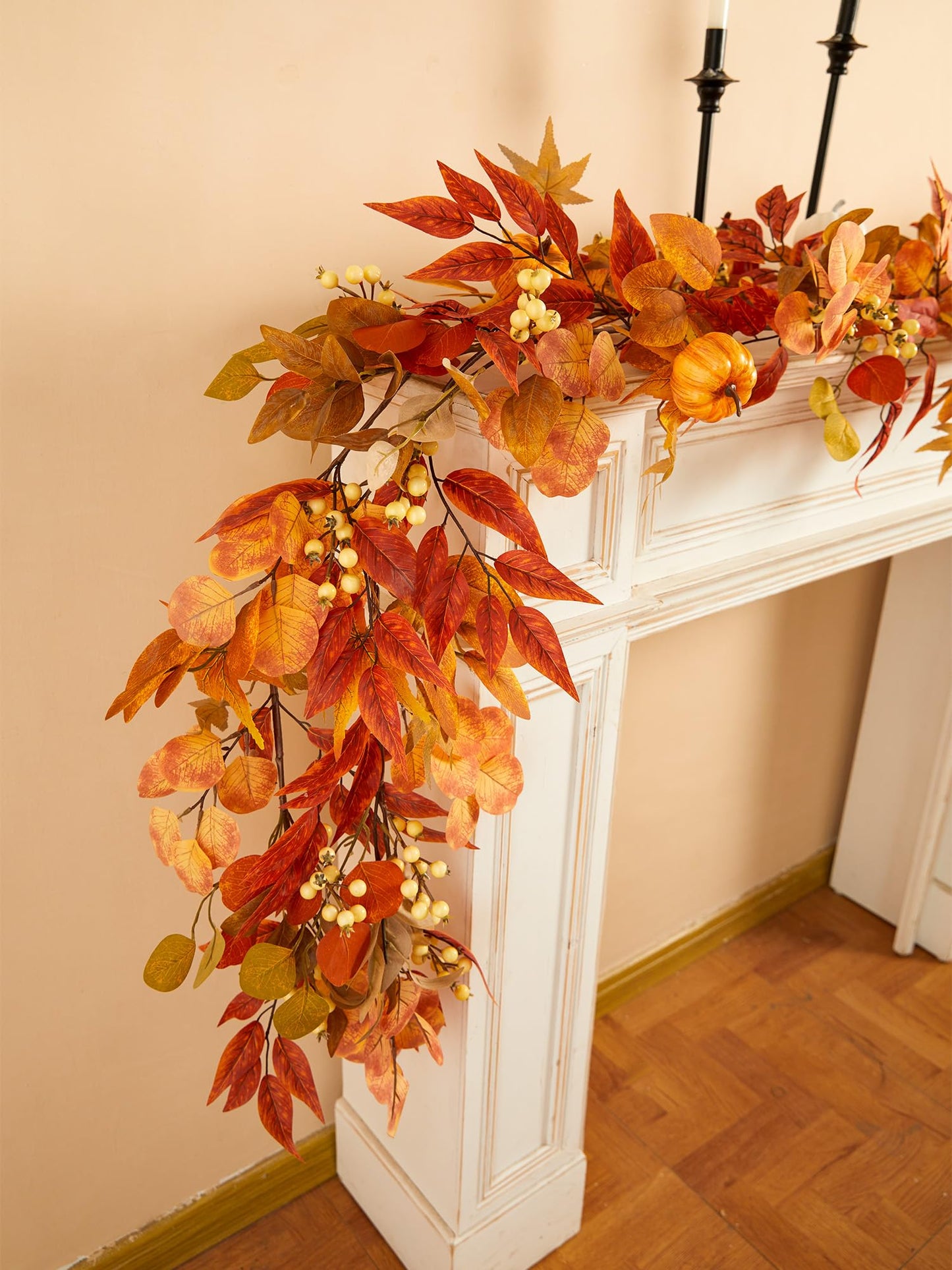 6.8ft Fall Garland Maple Leaf Autumn Thanksgiving Pumpkin Berry Garland, Christmas Halloween Mantle Fireplace Farmhouse Harvest Decorations for Home Outdoor Indoor(White)