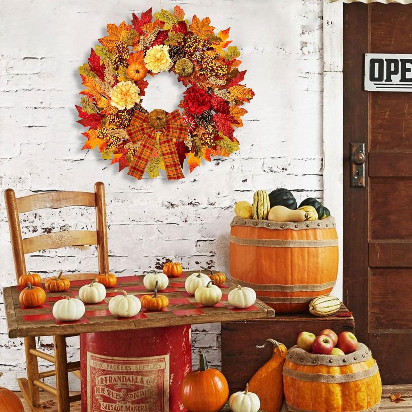 24 Inch Fall Wreath for Front Door with Lights, Harvest Wreath with Pumpkin,Dahlia,Straw and Burlap Bows.Farmhouse Fall Wreath for Thanksgiving Halloween and Christmas Indoor Outdoor