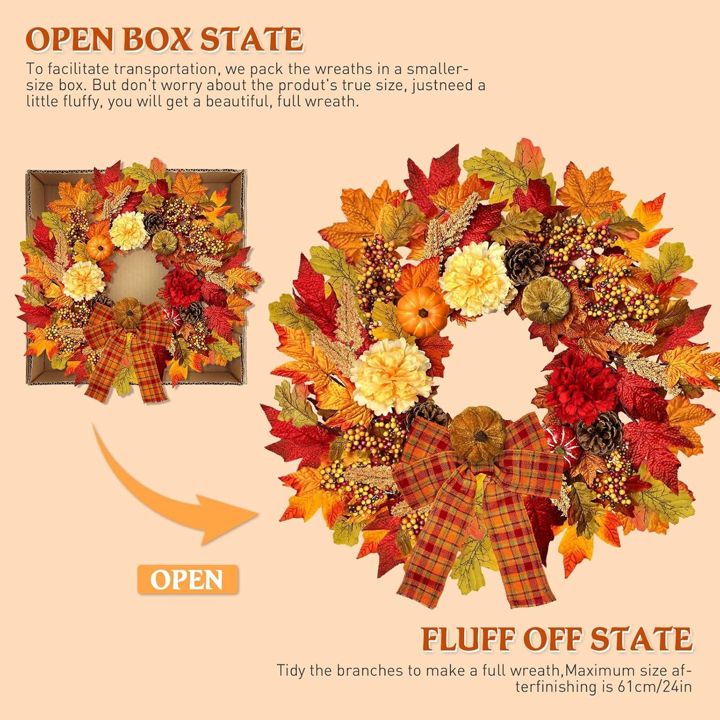 24 Inch Fall Wreath for Front Door with Lights, Harvest Wreath with Pumpkin,Dahlia,Straw and Burlap Bows.Farmhouse Fall Wreath for Thanksgiving Halloween and Christmas Indoor Outdoor