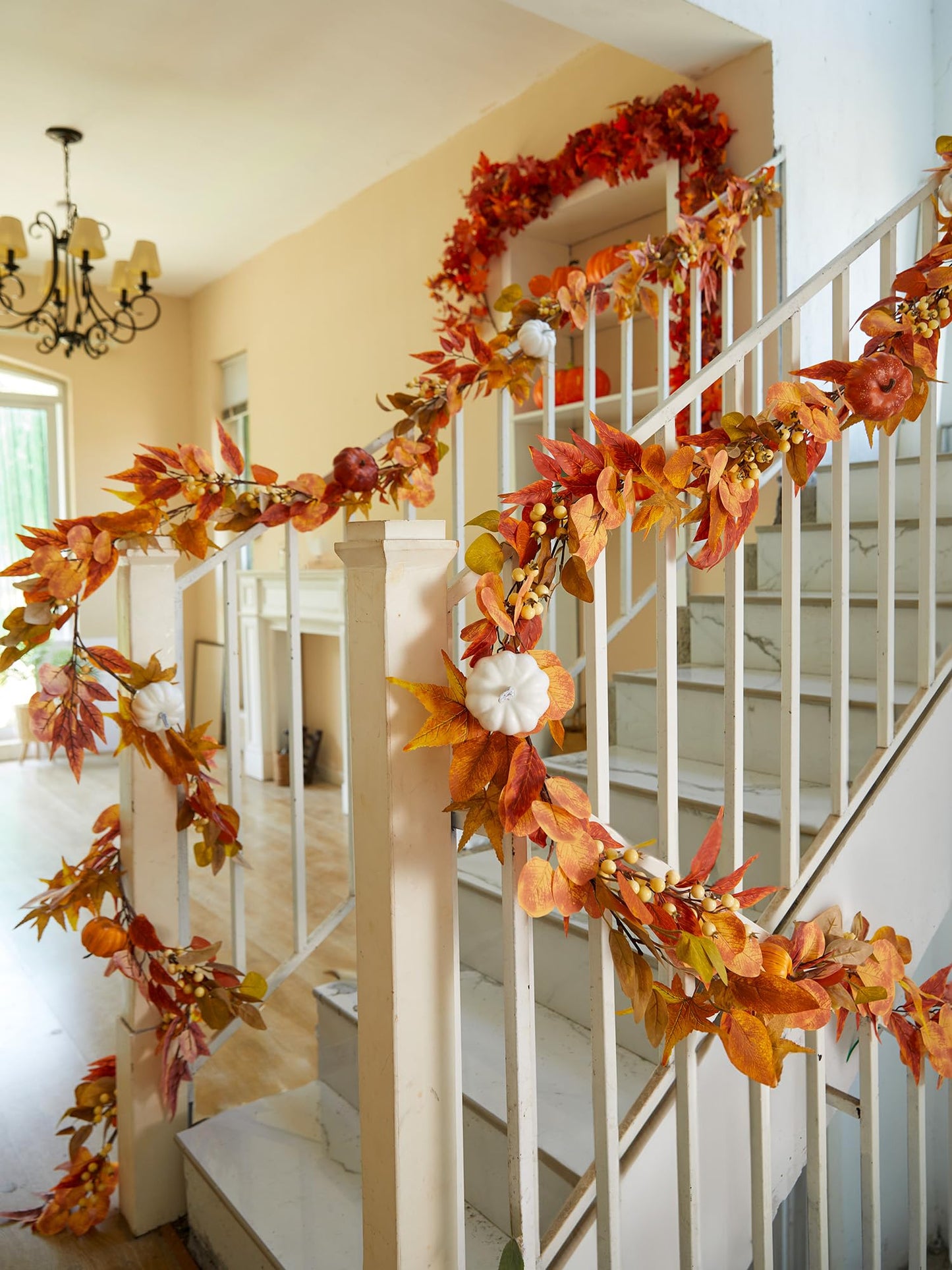 6.8ft Fall Garland Maple Leaf Autumn Thanksgiving Pumpkin Berry Garland, Christmas Halloween Mantle Fireplace Farmhouse Harvest Decorations for Home Outdoor Indoor(White)