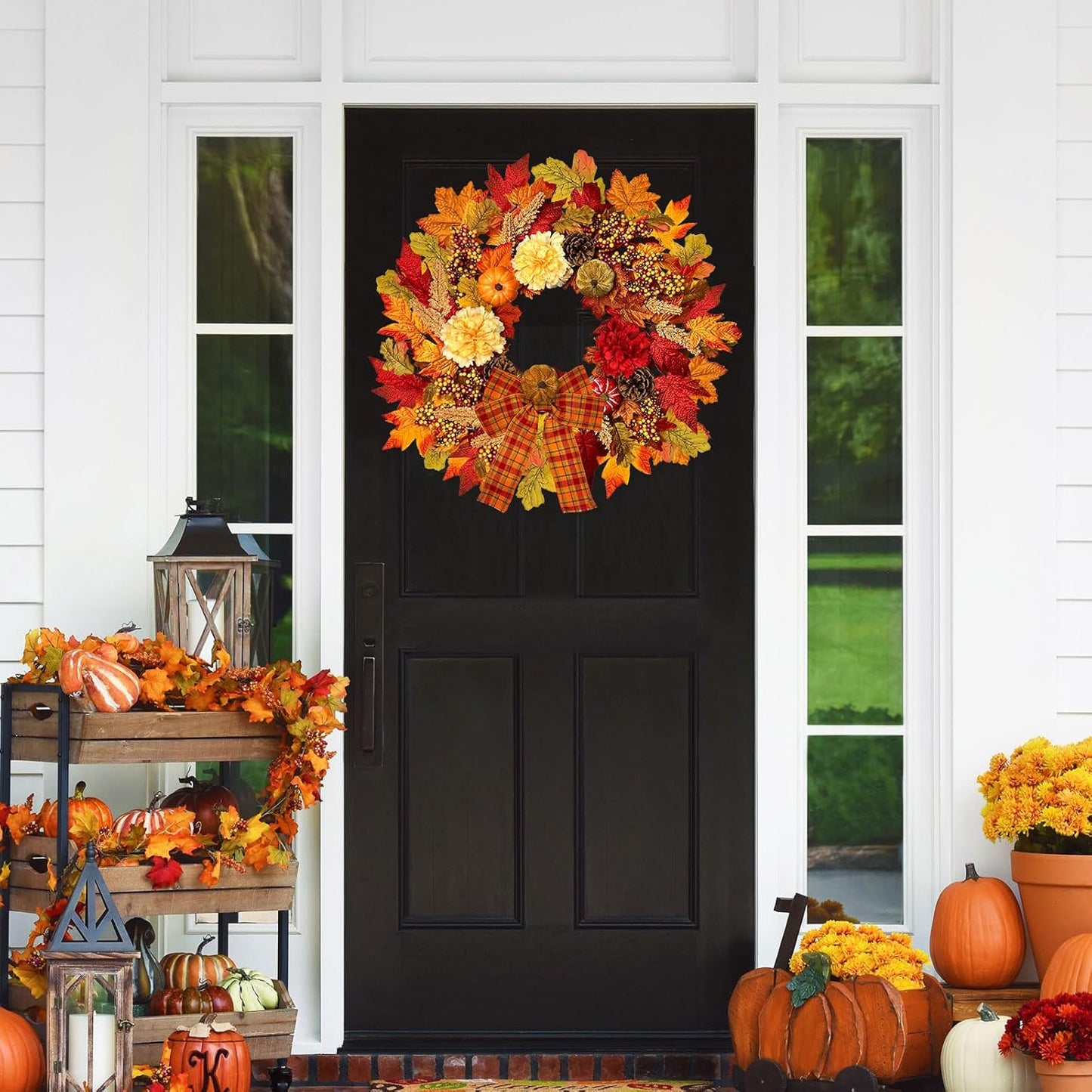 24 Inch Fall Wreath for Front Door with Lights, Harvest Wreath with Pumpkin,Dahlia,Straw and Burlap Bows.Farmhouse Fall Wreath for Thanksgiving Halloween and Christmas Indoor Outdoor