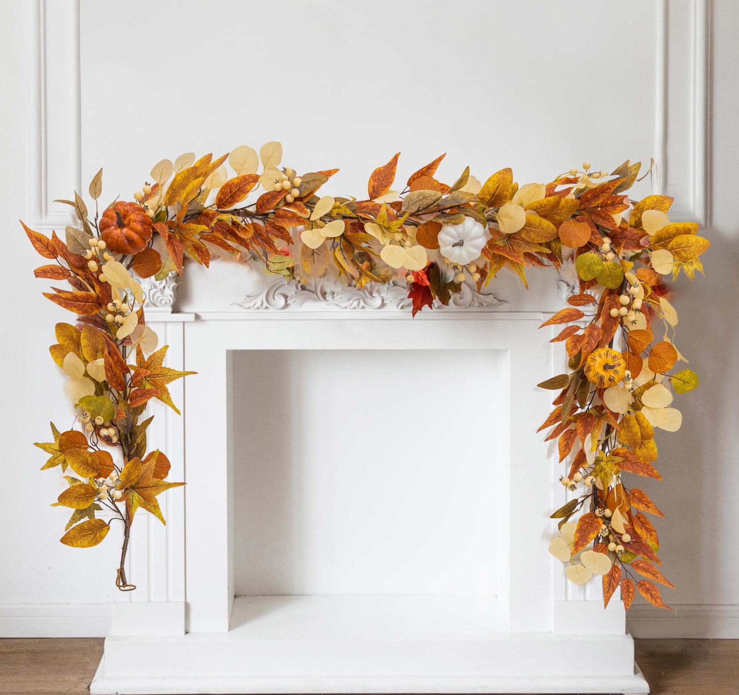 6.8ft Fall Garland Maple Leaf Autumn Thanksgiving Pumpkin Berry Garland, Christmas Halloween Mantle Fireplace Farmhouse Harvest Decorations for Home Outdoor Indoor(White)