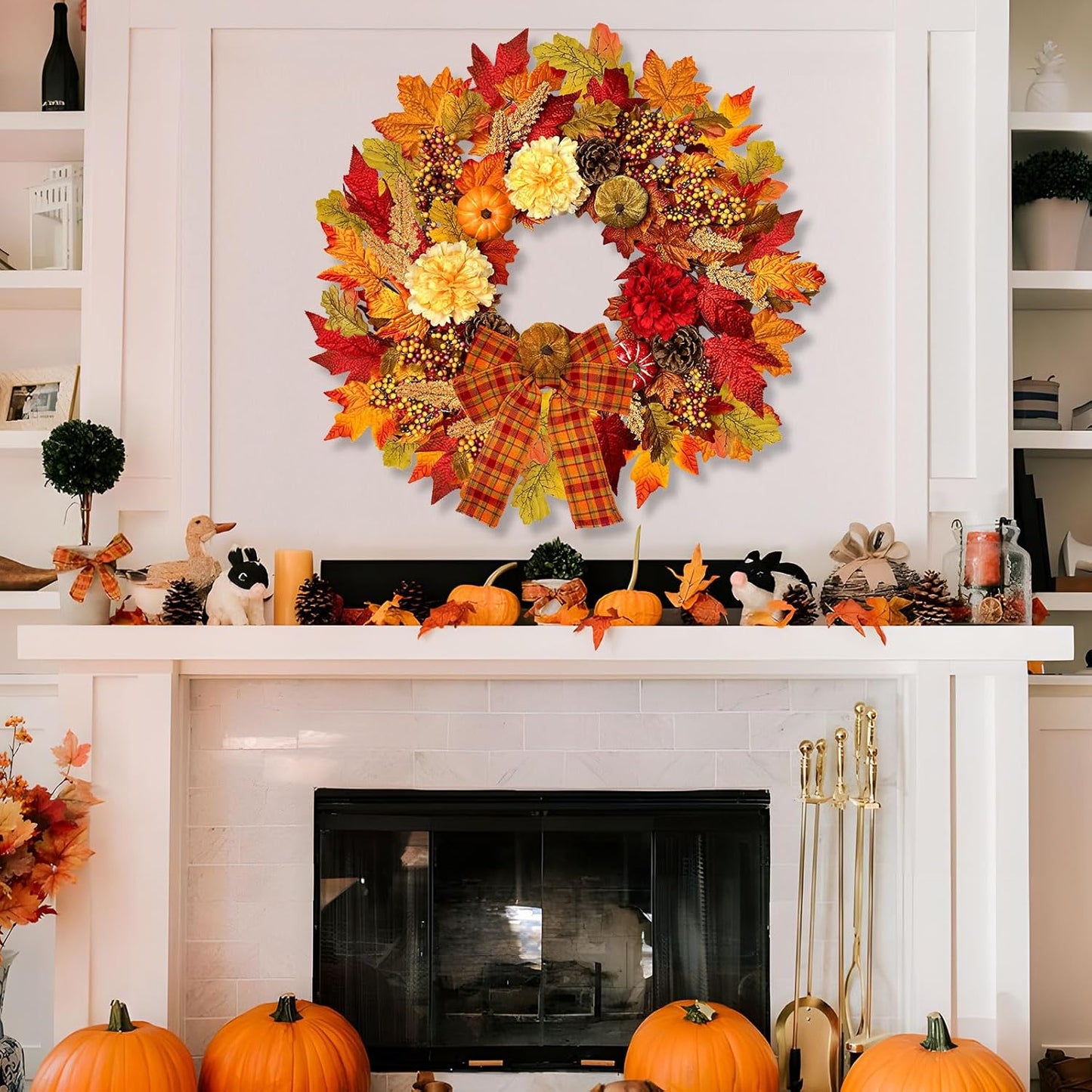 24 Inch Fall Wreath for Front Door with Lights, Harvest Wreath with Pumpkin,Dahlia,Straw and Burlap Bows.Farmhouse Fall Wreath for Thanksgiving Halloween and Christmas Indoor Outdoor