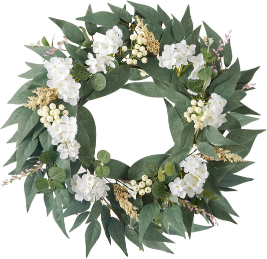 18 Inchspring Wreaths for Front Door Eucalyptus Hydrangea Wreath Summer Greenery Wreath for Front Door for All Seasons Artifical Outdoor Wreaths Weatherproof for Wall Farmhouse Porch Patio Home Decor