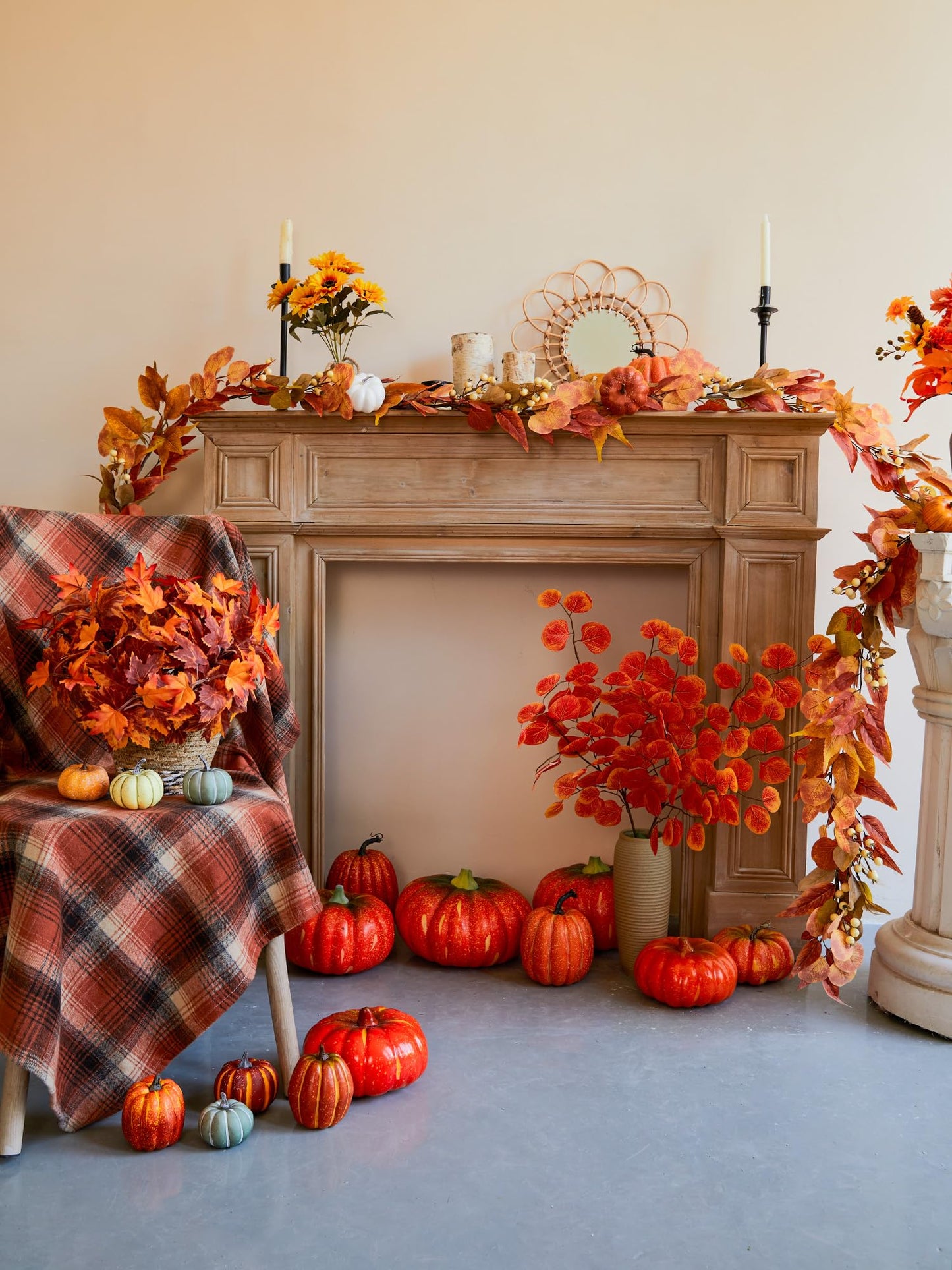 6.8ft Fall Garland Maple Leaf Autumn Thanksgiving Pumpkin Berry Garland, Christmas Halloween Mantle Fireplace Farmhouse Harvest Decorations for Home Outdoor Indoor(White)