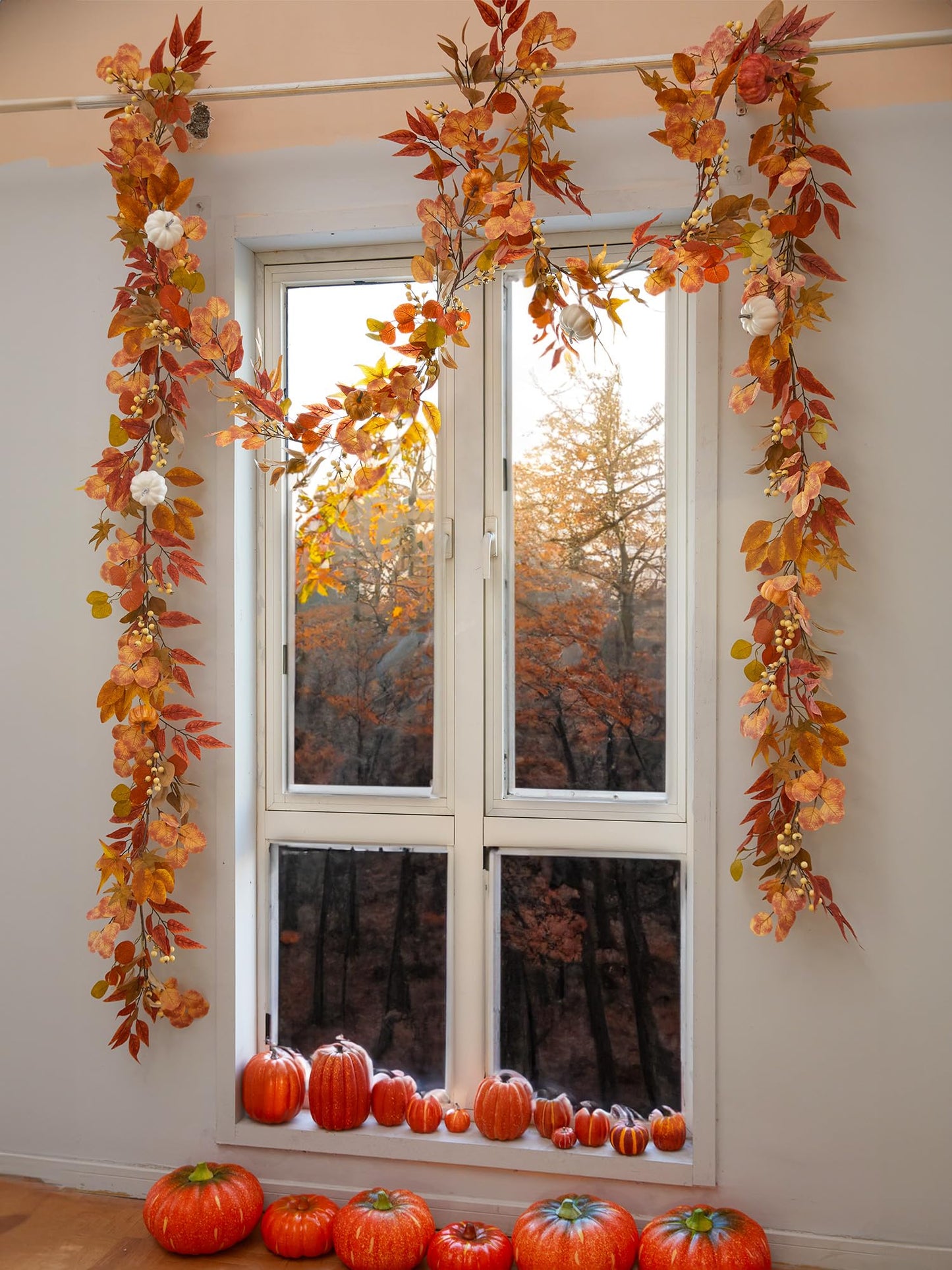 6.8ft Fall Garland Maple Leaf Autumn Thanksgiving Pumpkin Berry Garland, Christmas Halloween Mantle Fireplace Farmhouse Harvest Decorations for Home Outdoor Indoor(White)