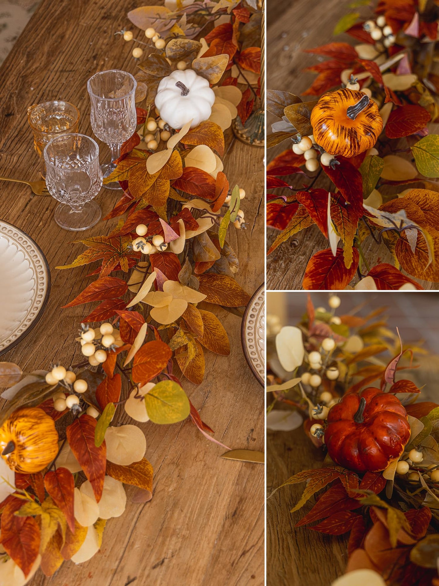 6.8ft Fall Garland Maple Leaf Autumn Thanksgiving Pumpkin Berry Garland, Christmas Halloween Mantle Fireplace Farmhouse Harvest Decorations for Home Outdoor Indoor(White)