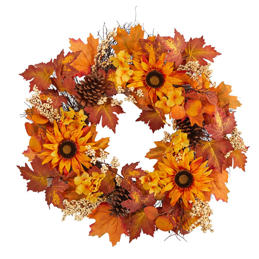 28In. Victorian Elegance Maple Leaves, Sunflower, White Berries and Pinecones Artificial Fall Wreath