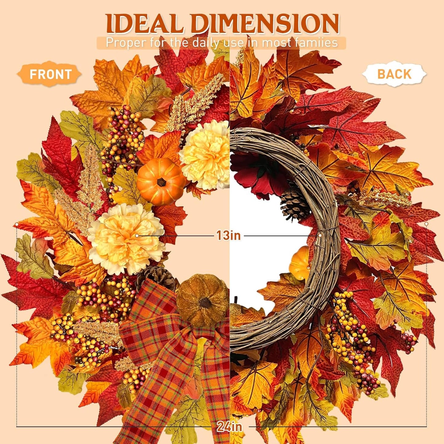 24 Inch Fall Wreath for Front Door with Lights, Harvest Wreath with Pumpkin,Dahlia,Straw and Burlap Bows.Farmhouse Fall Wreath for Thanksgiving Halloween and Christmas Indoor Outdoor