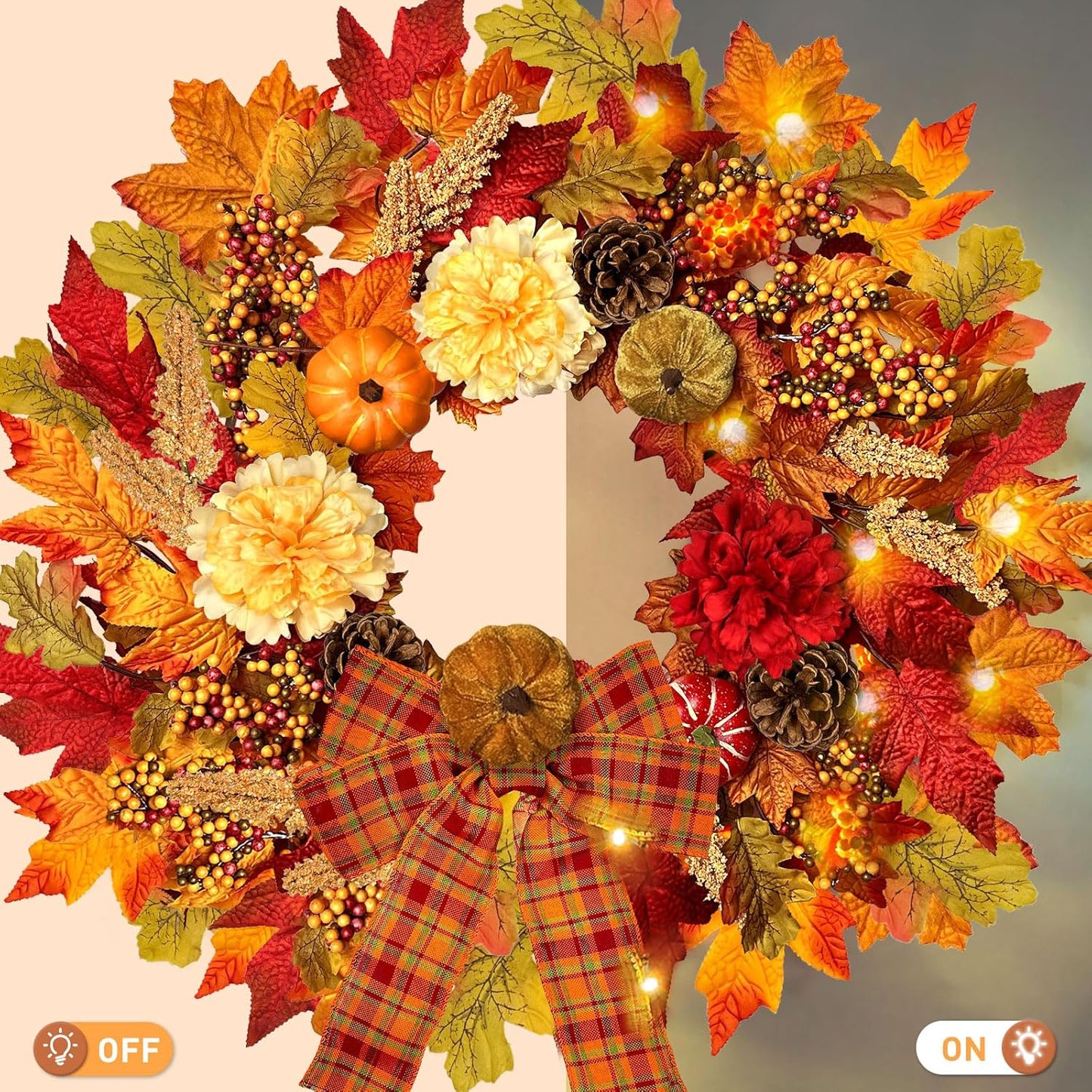 24 Inch Fall Wreath for Front Door with Lights, Harvest Wreath with Pumpkin,Dahlia,Straw and Burlap Bows.Farmhouse Fall Wreath for Thanksgiving Halloween and Christmas Indoor Outdoor