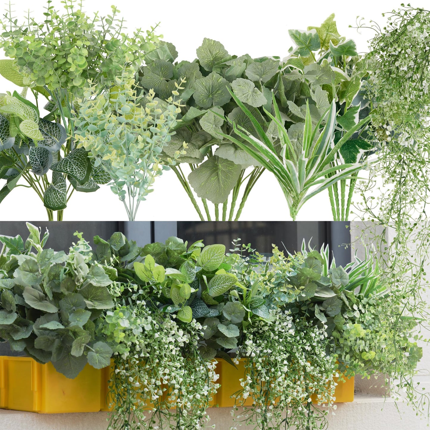 18Pcs Outdoor Artificial Boxwood UV Resistant Fake Stems Plants, Faux Plastic Greenery for Indoor Outside Hanging Plants Garden Porch Window Box Home Wedding Farmhouse Décor